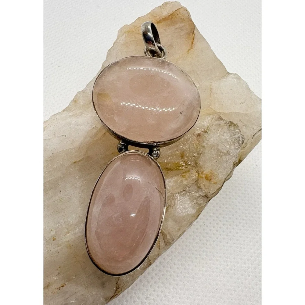 Sterling Silver Rose Quartz‎ Double Cabochon Pendant 20g Oval & Round Bezel 925